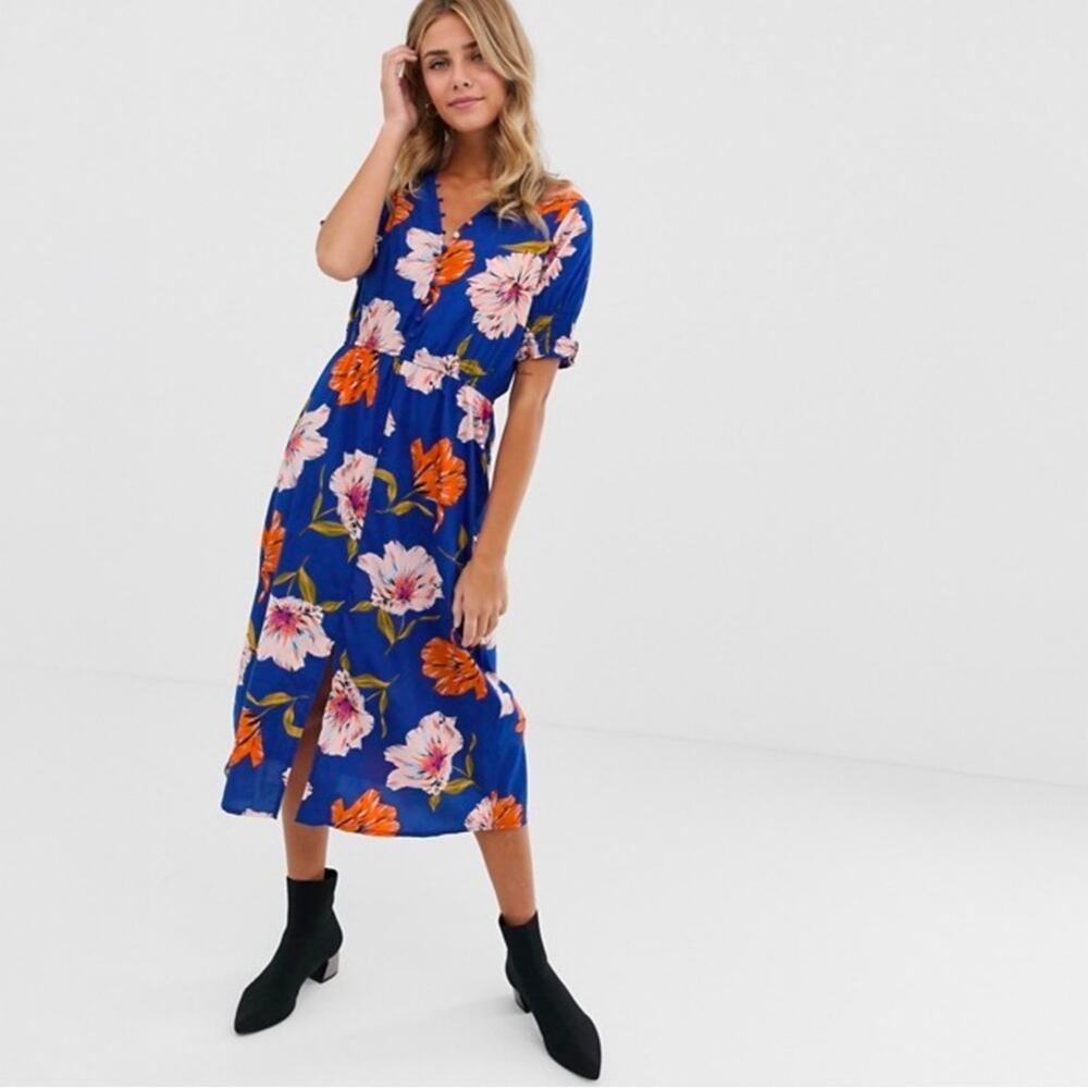 ASOS Womens Floral Midi Dress Size 6 Blue V Neck Long Sleeve Button Front